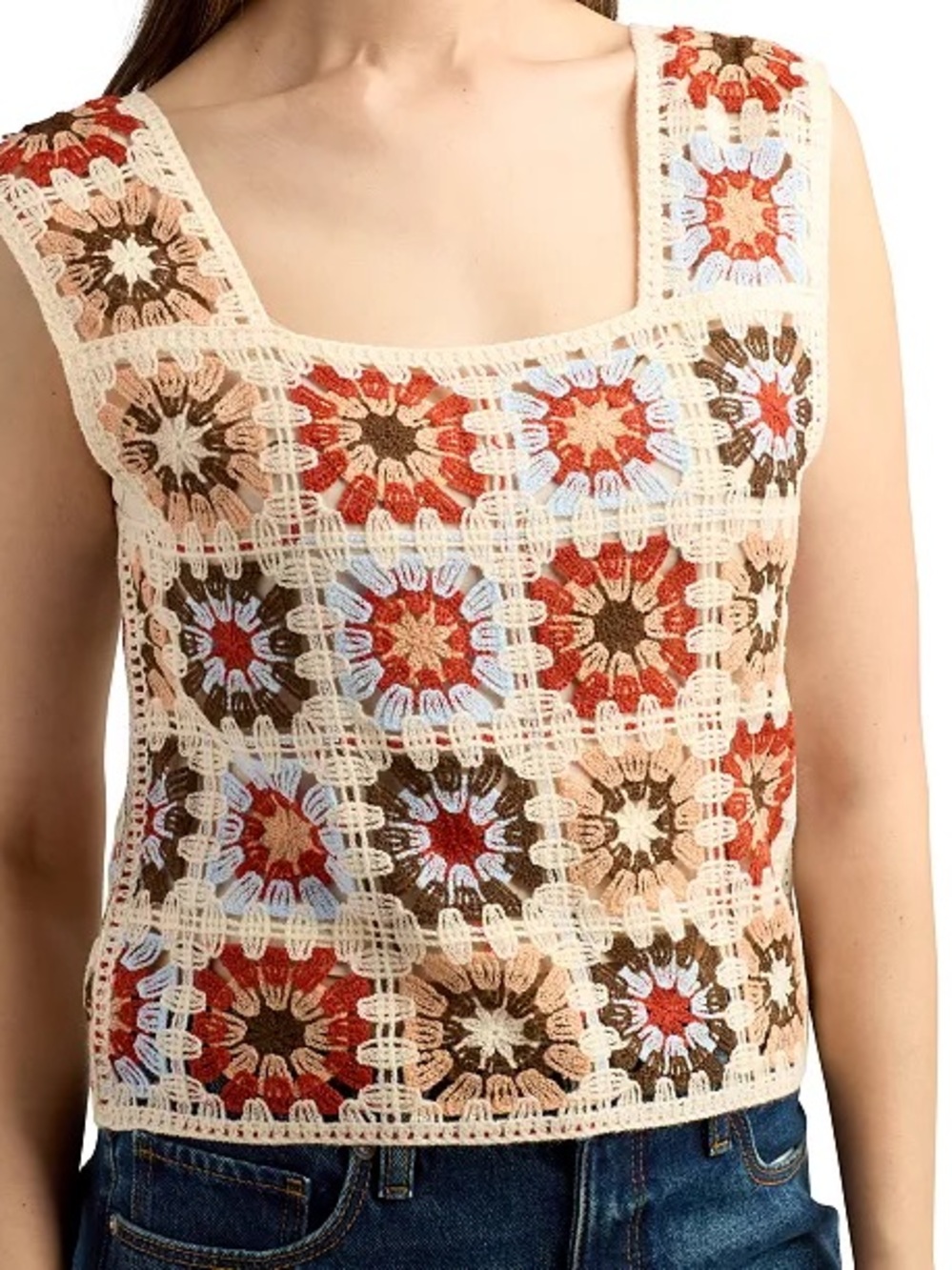 BCX Crochet Square Tank Top - Cream Multi